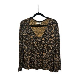 Lucky Brand Black Top with Gold Floral Print V-Neck XL